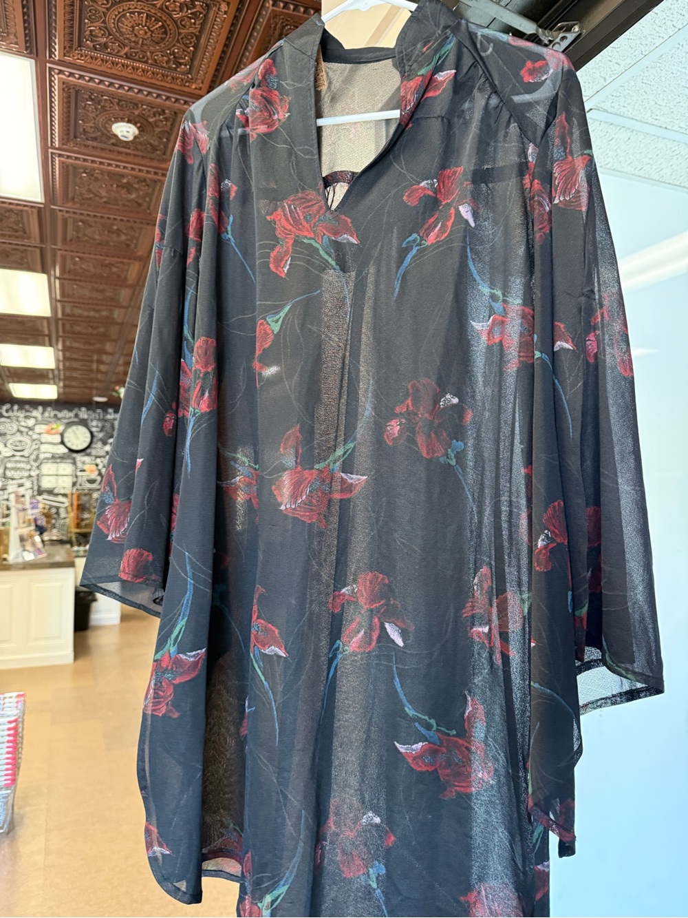 Sheer Black Floral Tunic Blouse Red Rose Print Boho Goth Romantic Size XL Plus